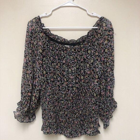 Anthropologie Tops - By Anthropologie Lucia Off Shoulder Floral Smocked Top Size Large Black